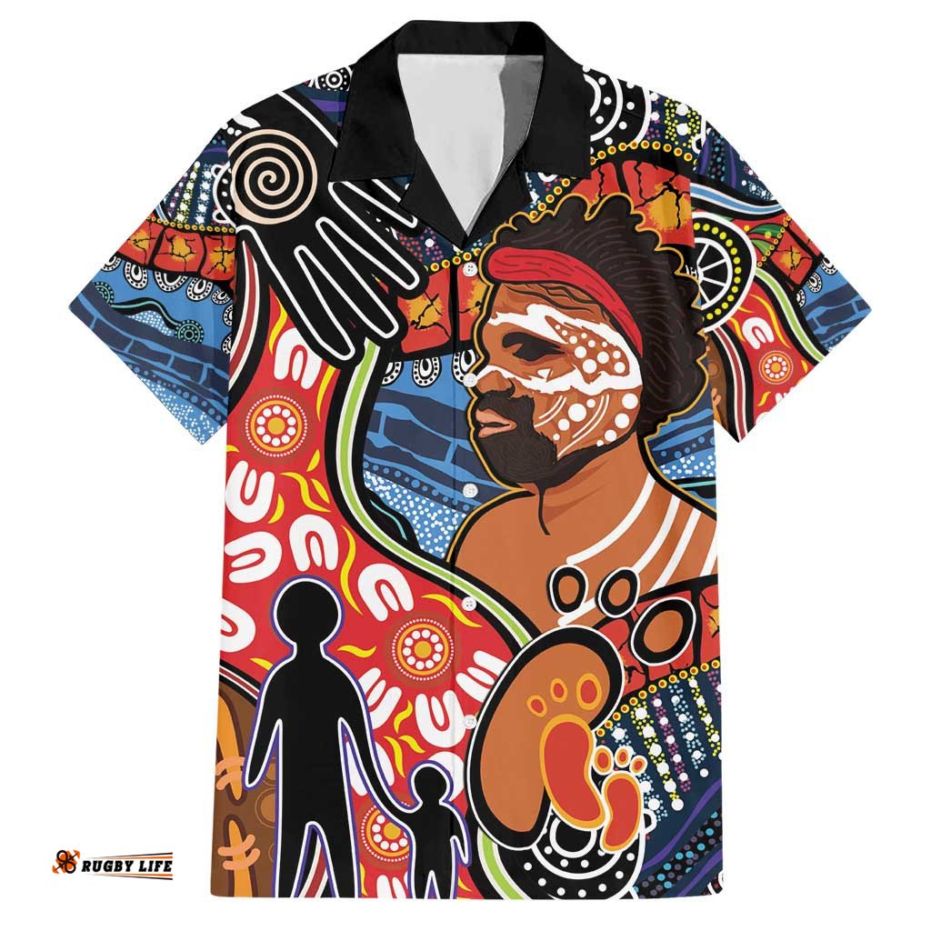 Dad and Son Footprint Father's Day Personalised Hawaiian Shirt Australian Aboriginal Art