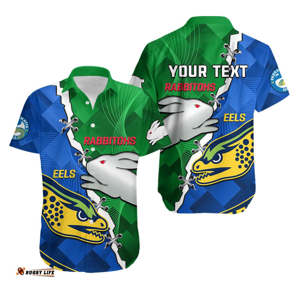 Custom Personalised Rabbitohs Mix Eels Rugby Hawaiian Shirt Souths And Parra Sporty Style