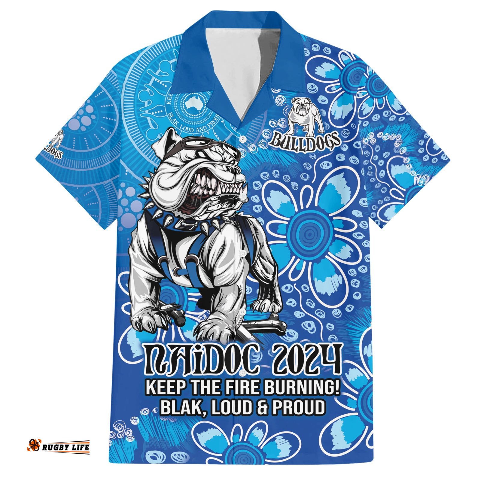 Personalised Bulldogs NAIDOC Week 2024 Hawaiian Shirt Aboriginal Fire Burning Sparks