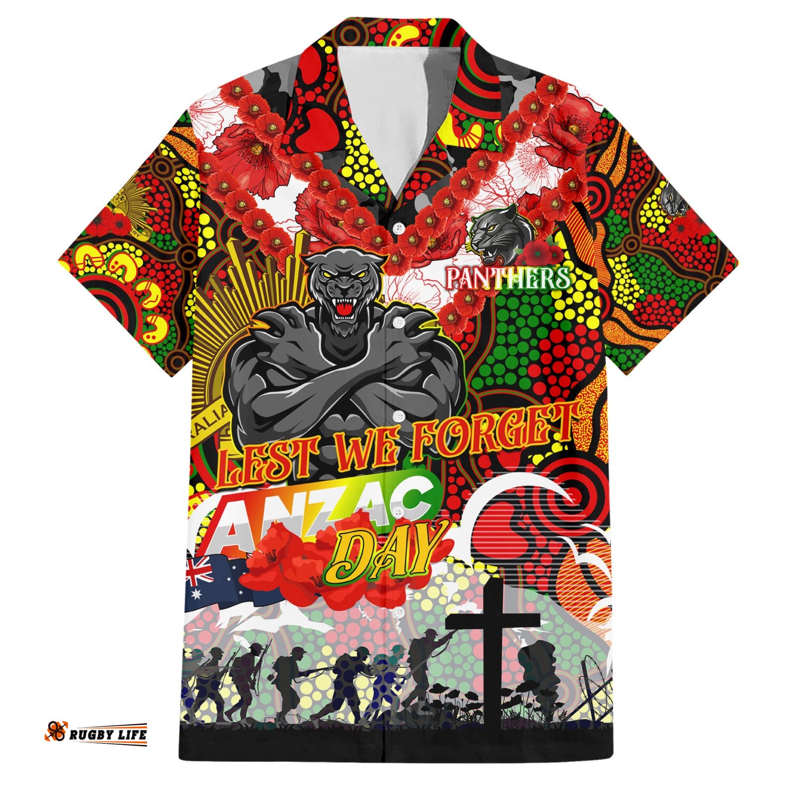 Personalised Panthers ANZAC Day Hawaiian Shirt Aboriginal Rising Sun