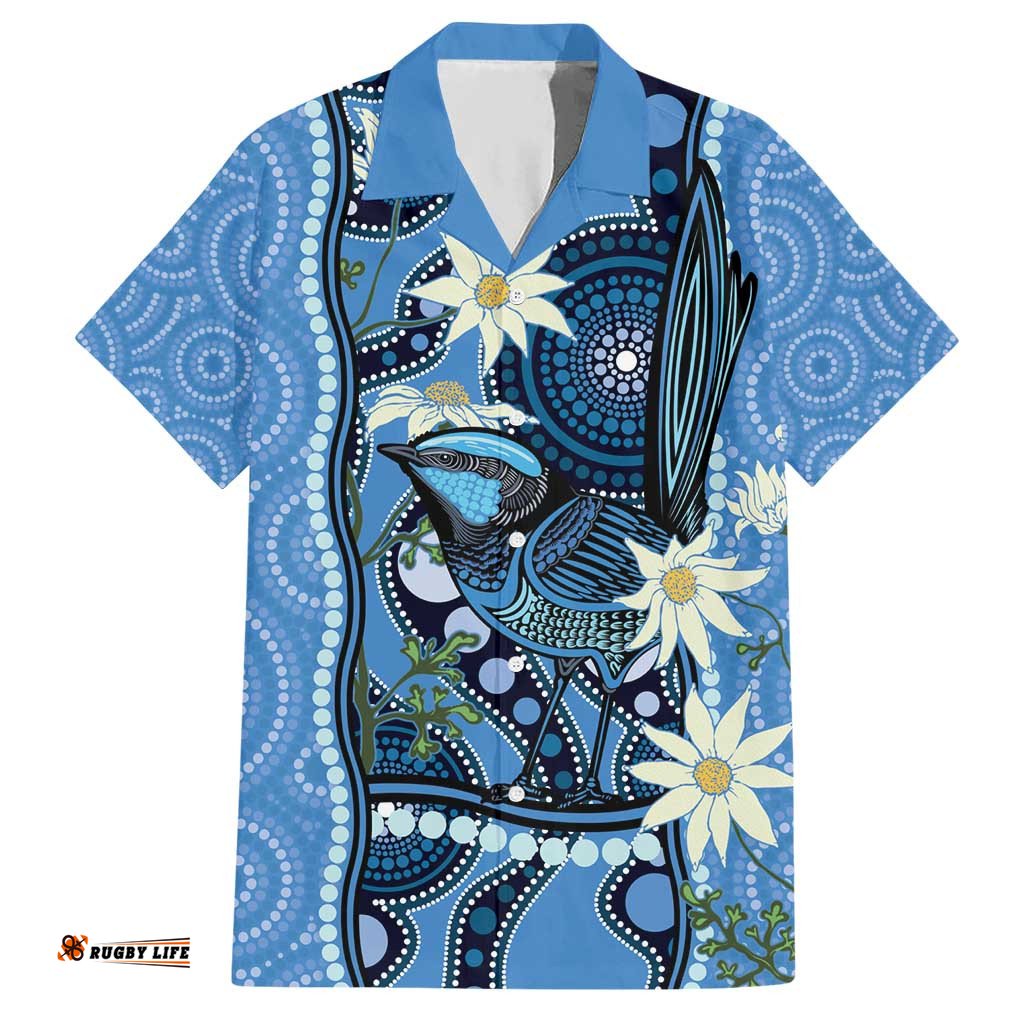 Australia Flannel Flower With Superb Fairywren Hawaiian Shirt Aboriginal Art