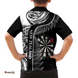 Personalised New Zealand Darts Hawaiian Shirt Aotearoa Fern Mix Paua Shell Manaia Black