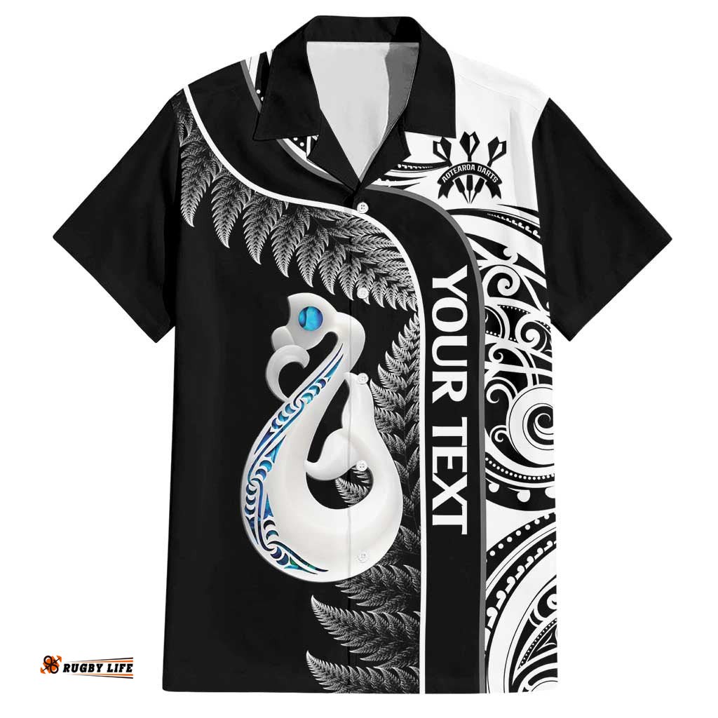 Personalised New Zealand Darts Hawaiian Shirt Aotearoa Fern Mix Paua Shell Manaia Black