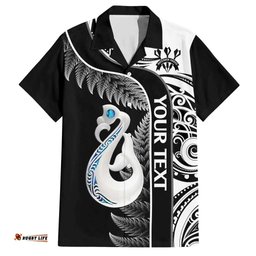 Personalised New Zealand Darts Hawaiian Shirt Aotearoa Fern Mix Paua Shell Manaia Black