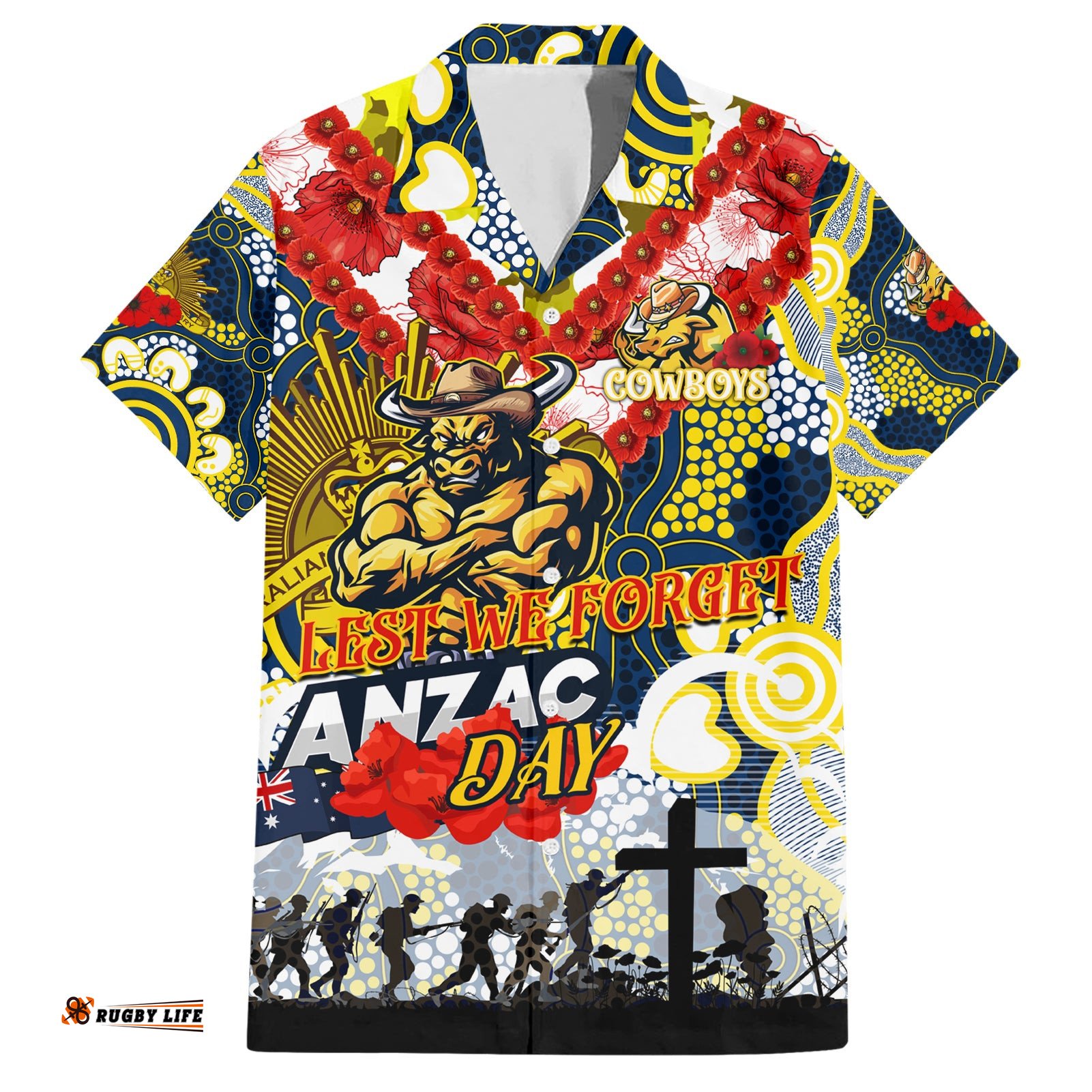 Personalised Cowboys ANZAC Day Hawaiian Shirt Aboriginal Rising Sun