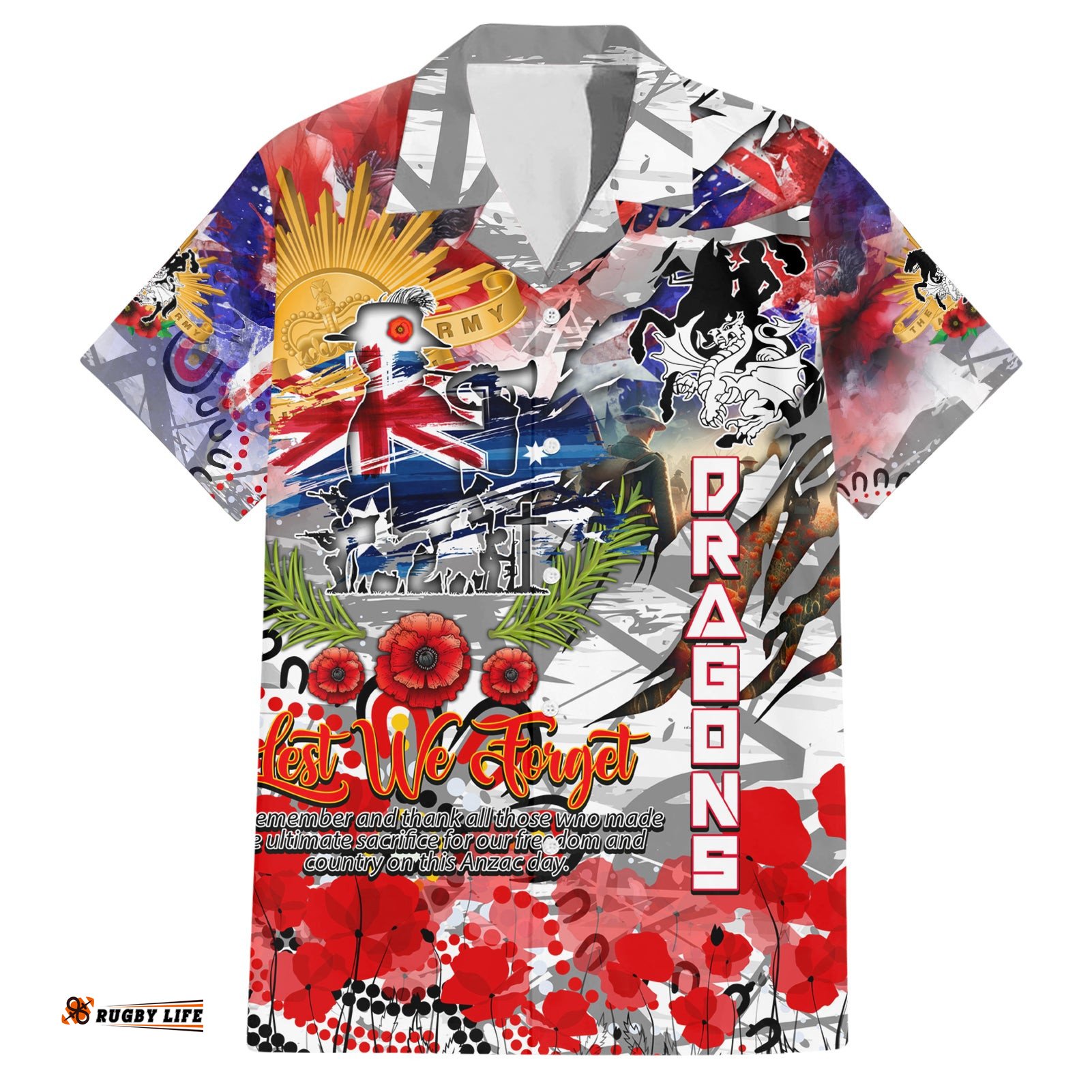 Personalised Australia Rugby Dragons ANZAC Hawaiian Shirt St George Illawarra Scratch Style