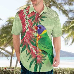 Australia Bottlebrush And Lorikeets Hawaiian Shirt Aboriginal Art Watercolor Style