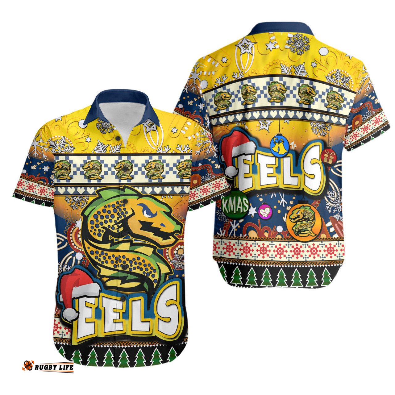 Parramatta Eels Christmas Hawaiian Shirt - Xmas Parramatta Eels Christmas Balls, Snowflake With Aboriginal Patterns Hawaiian Shirt