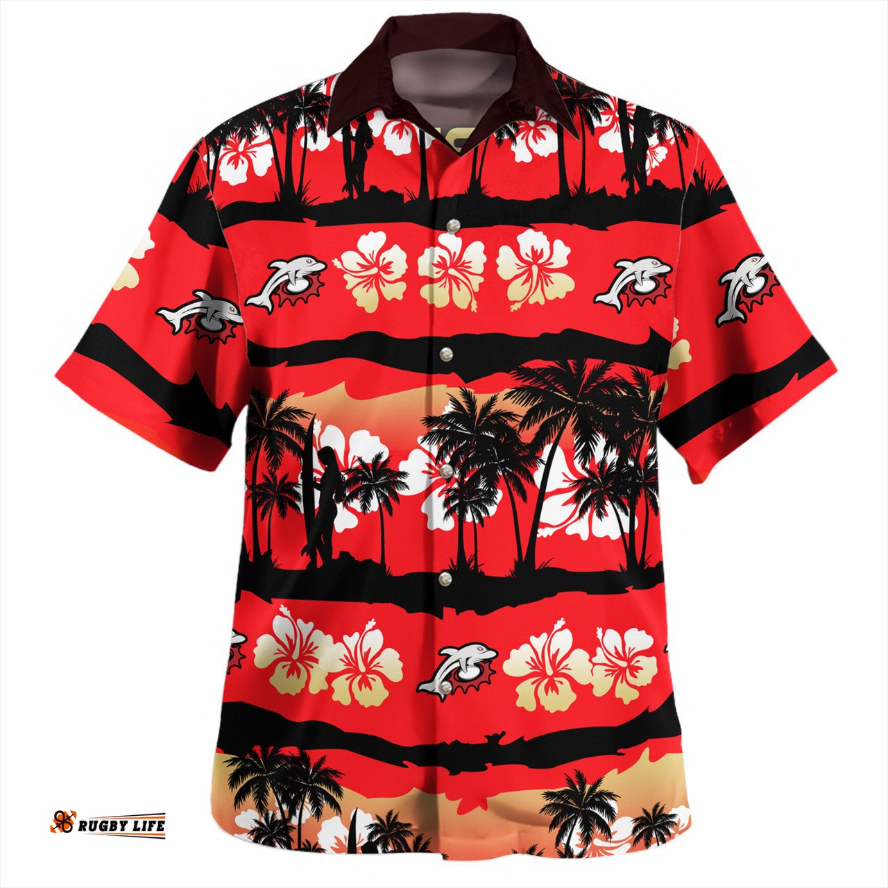 Redcliffe Dolphins Hawaiian Shirt - Tropical Hibiscus and Coconut Trees