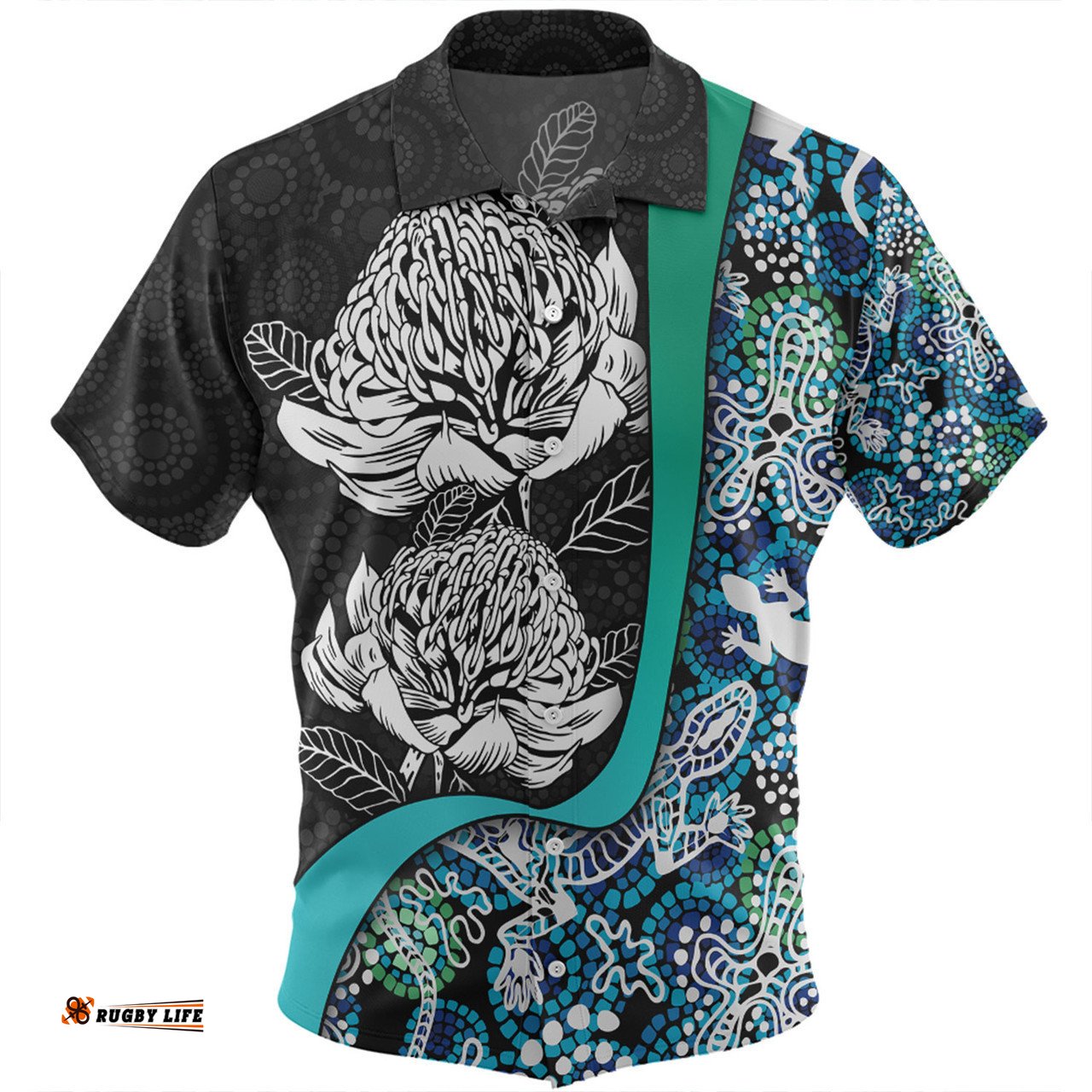 Australia Warratah Goanna Aboriginal Hawaiian Shirt - Waratah Flowers With Blue Lizards, Stones, Sand Dot Art Painting Inspired Hawaiian Shirt