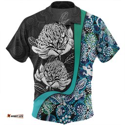 Australia Warratah Goanna Aboriginal Hawaiian Shirt - Waratah Flowers With Blue Lizards, Stones, Sand Dot Art Painting Inspired Hawaiian Shirt