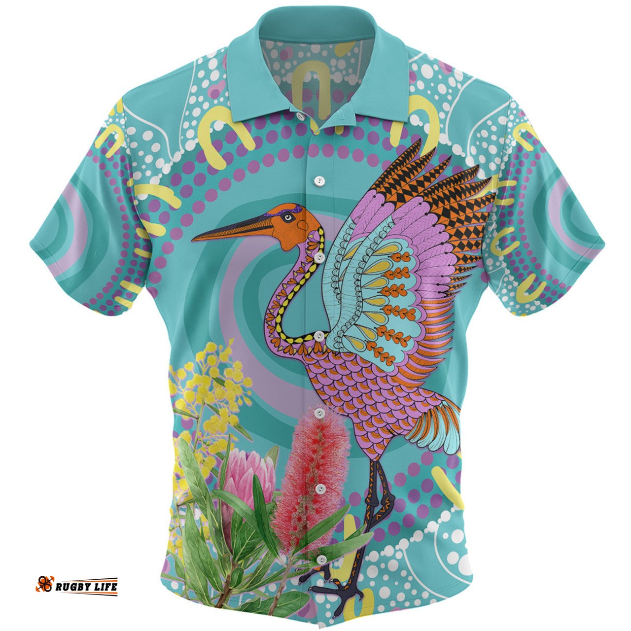 Australia Aboriginal Hawaiian Shirt - Brolga Bird Dancing With Australia Native Flowers V3 Hawaiian Shirt