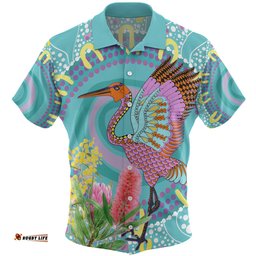 Australia Aboriginal Hawaiian Shirt - Brolga Bird Dancing With Australia Native Flowers V3 Hawaiian Shirt