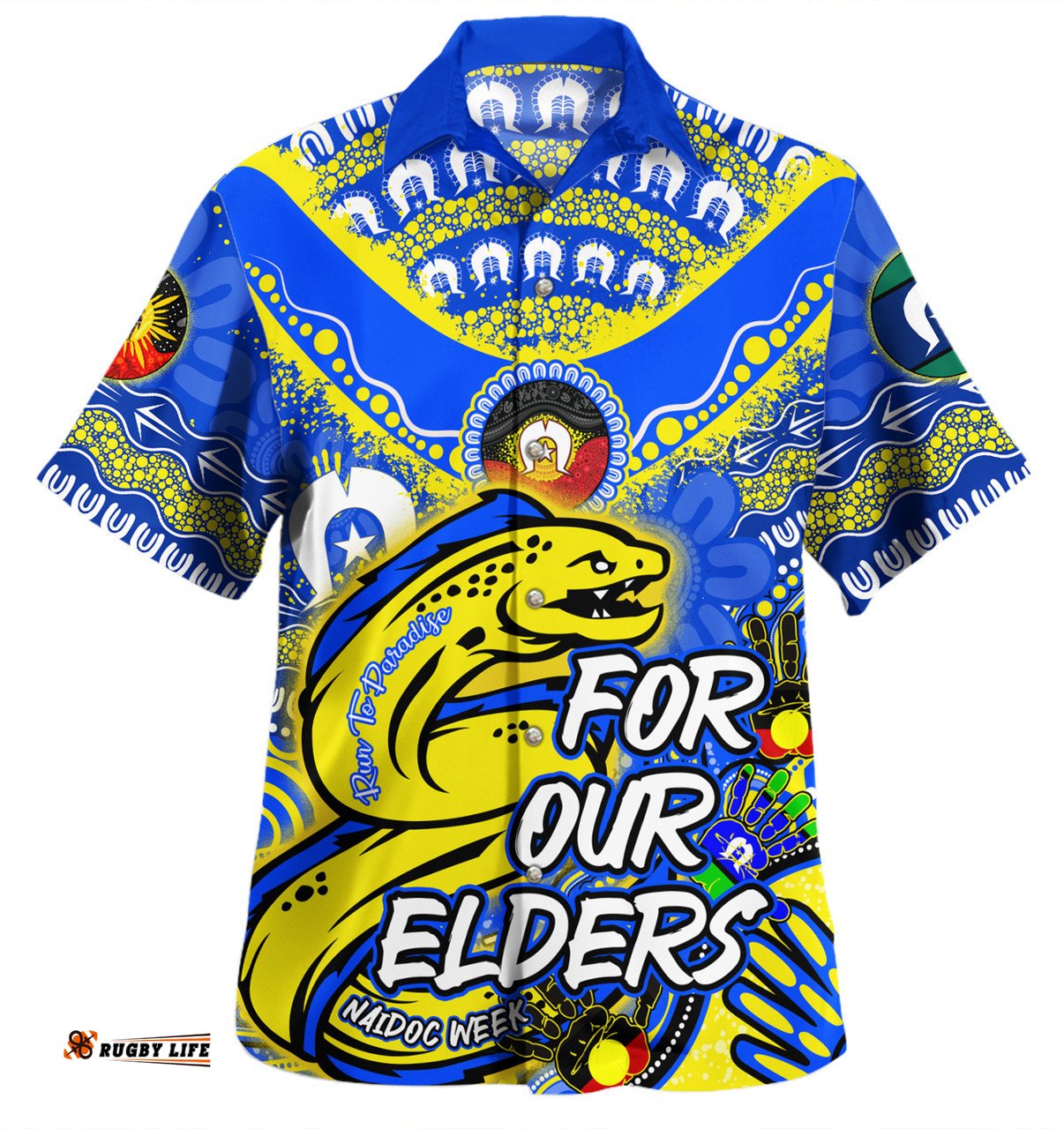Parramatta Eels Naidoc Week Custom Hawaiian Shirt - For Our Elders Run to Paradise Hawaiian Shirt