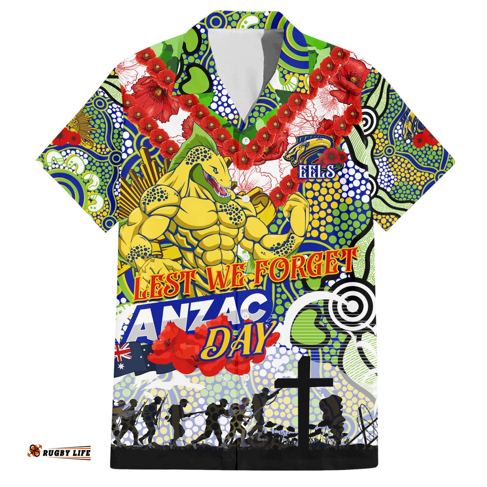 Personalised Eels ANZAC Day Hawaiian Shirt Aboriginal Rising Sun