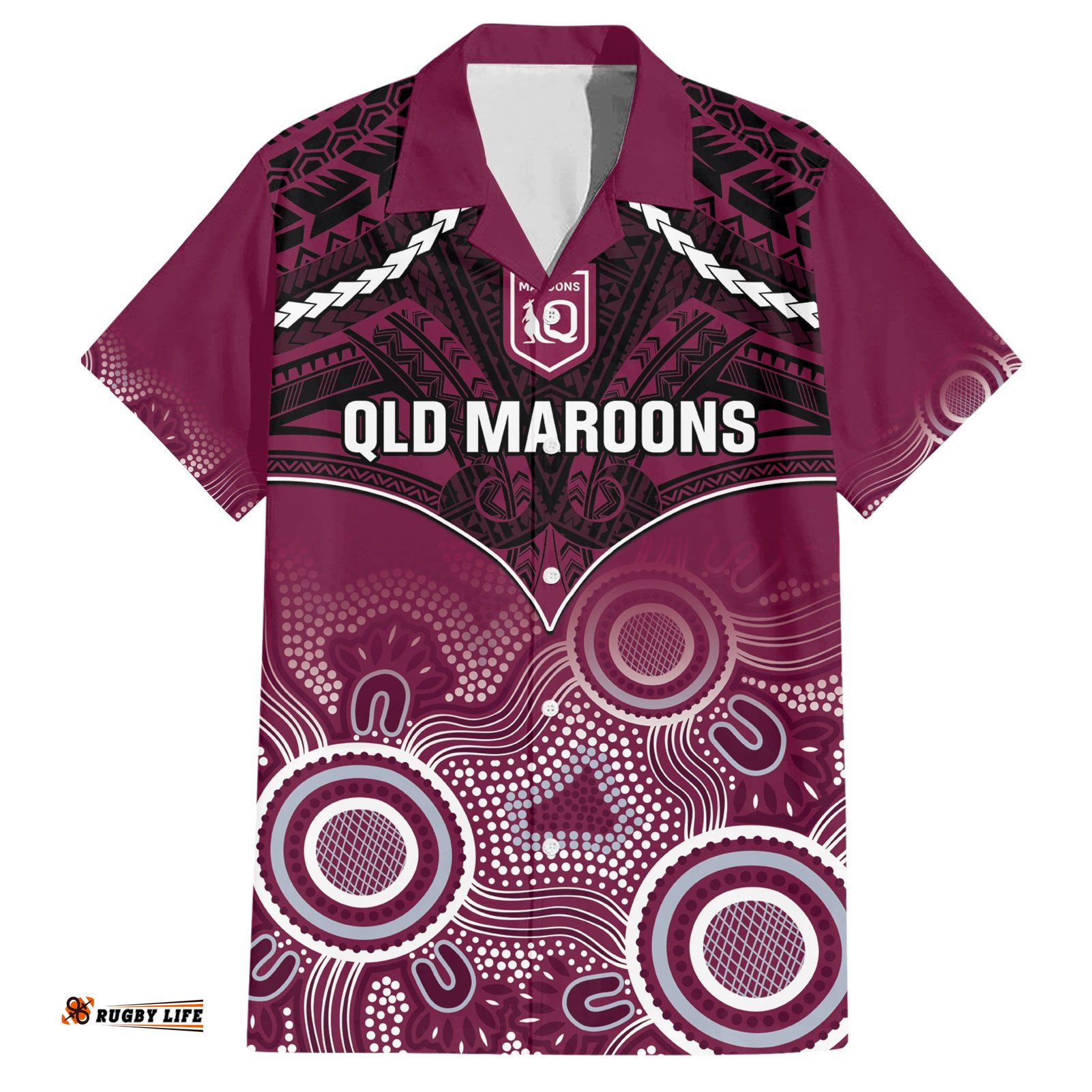 Custom QLD Maroons Rugby Hawaiian Shirt Aboriginal Mix Polynesian Pattern