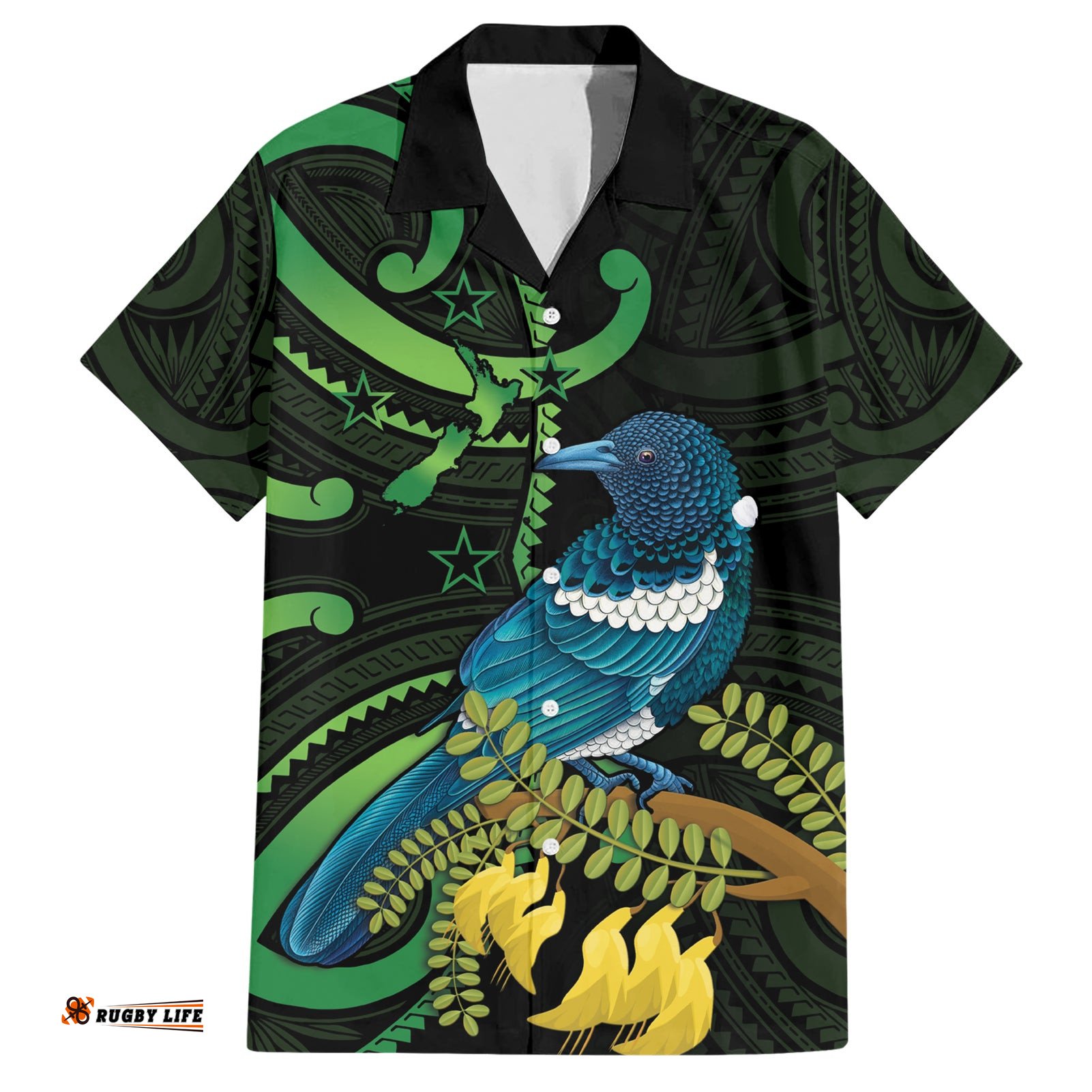 New Zealand Tui Bird Hawaiian Shirt Aotearoa Maori With Kowhai Flowers