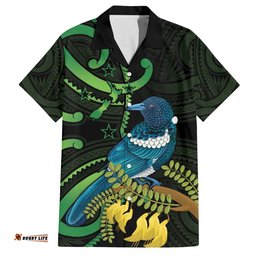New Zealand Tui Bird Hawaiian Shirt Aotearoa Maori With Kowhai Flowers