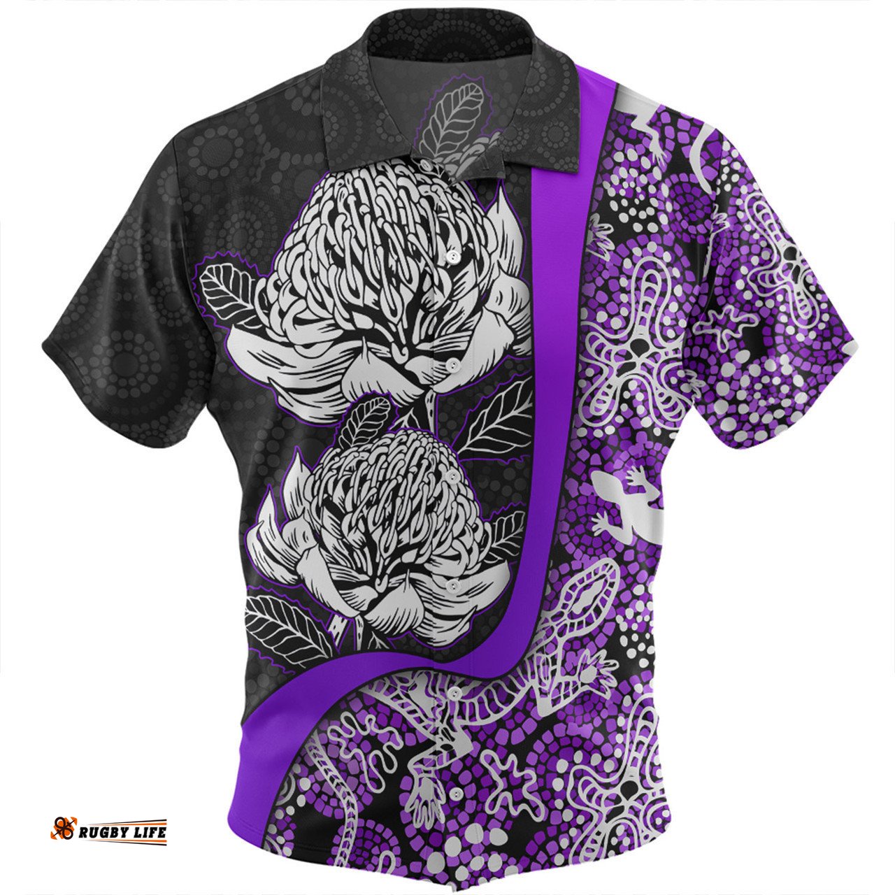 Australia Warratah Goanna Aboriginal Hawaiian Shirt - Waratah Flowers With Purple Lizards, Stones, Sand Dot Art Painting Inspired Hawaiian Shirt