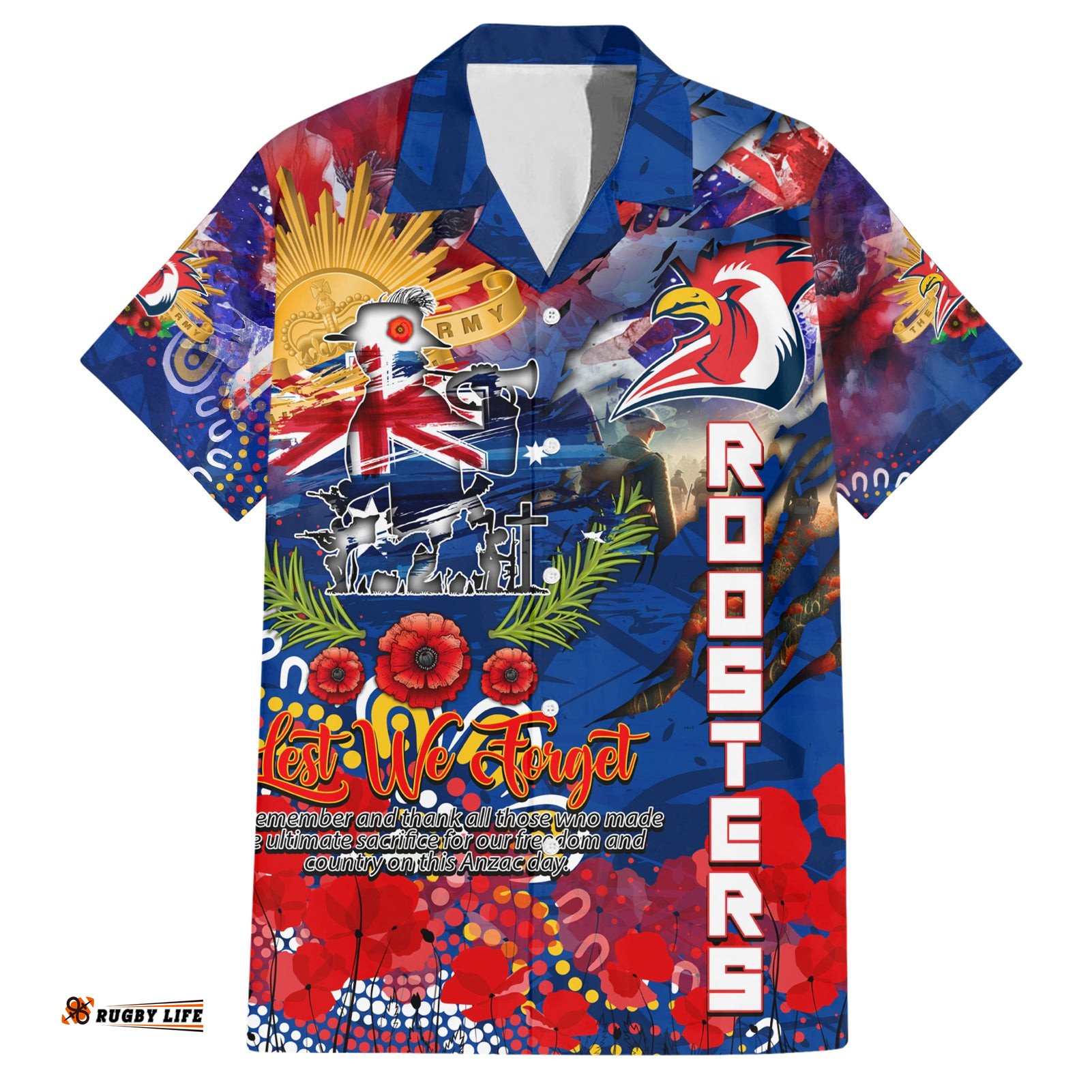 Personalised Australia Rugby Roosters ANZAC Hawaiian Shirt Sydney Scratch Style