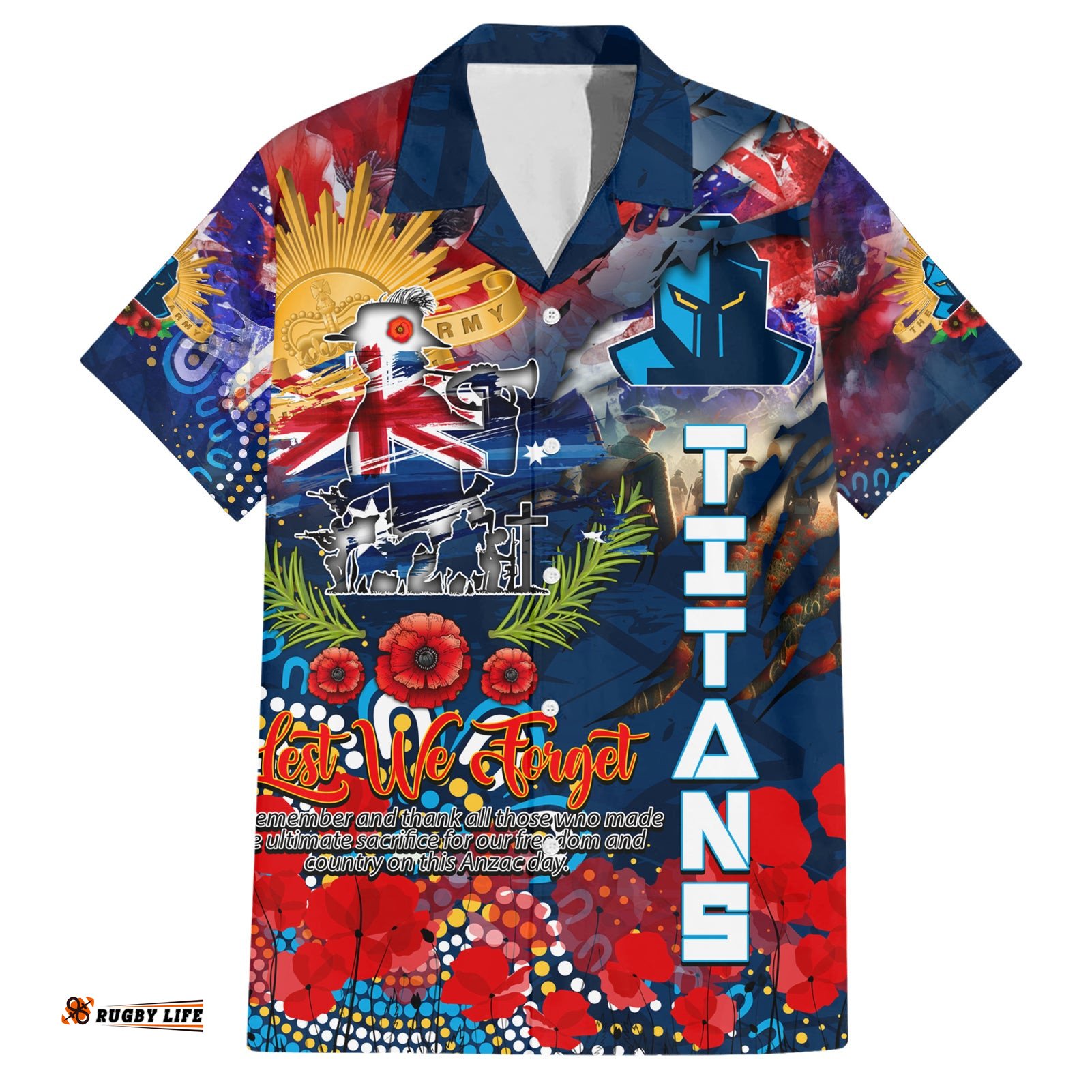 Personalised Australia Rugby Titans ANZAC Hawaiian Shirt Gold Coast Scratch Style