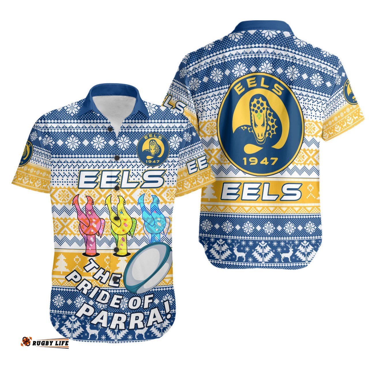 Parramatta Eels Hawaiian Shirt - Parramatta Eels Mascot Knitted Christmas Patterns Hawaiian Shirt