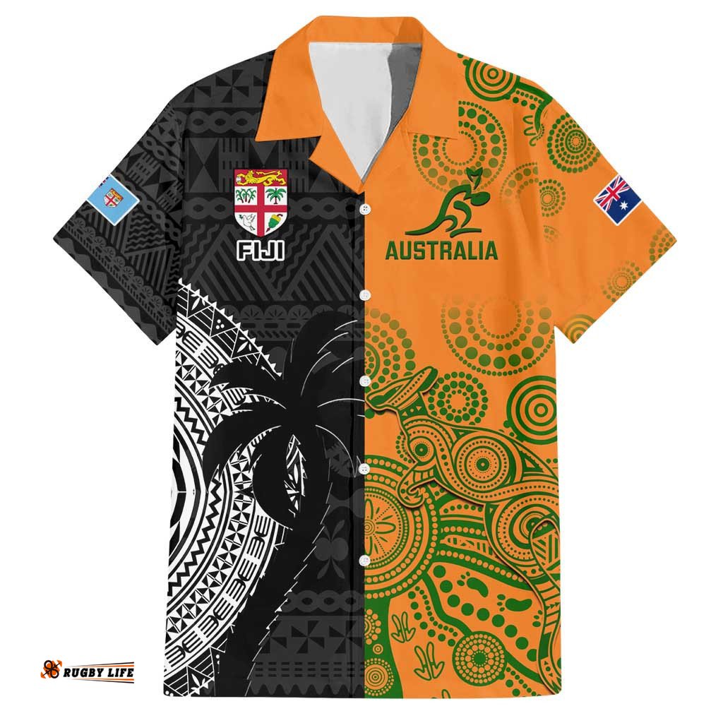 Custom Fiji And Australia Rugby Hawaiian Shirt Fijian Tapa Pattern With Aussie Aboriginal Art