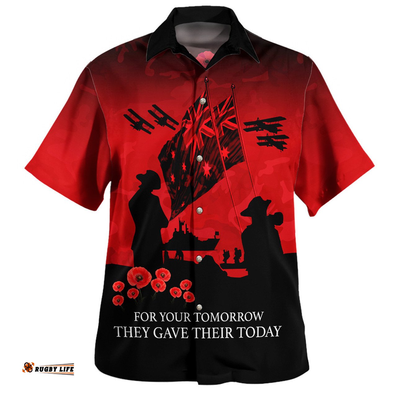 Australia Anzac Hawaiian Shirt Anzac Day Poppy Flowers Red Black Blue