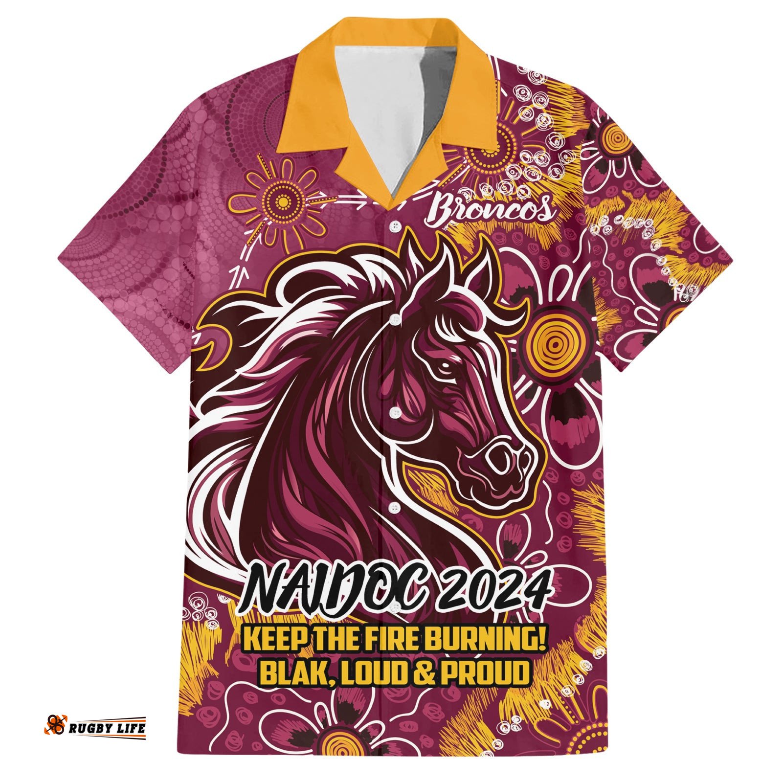 Personalised Broncos NAIDOC Week 2024 Hawaiian Shirt Aboriginal Fire Burning Sparks