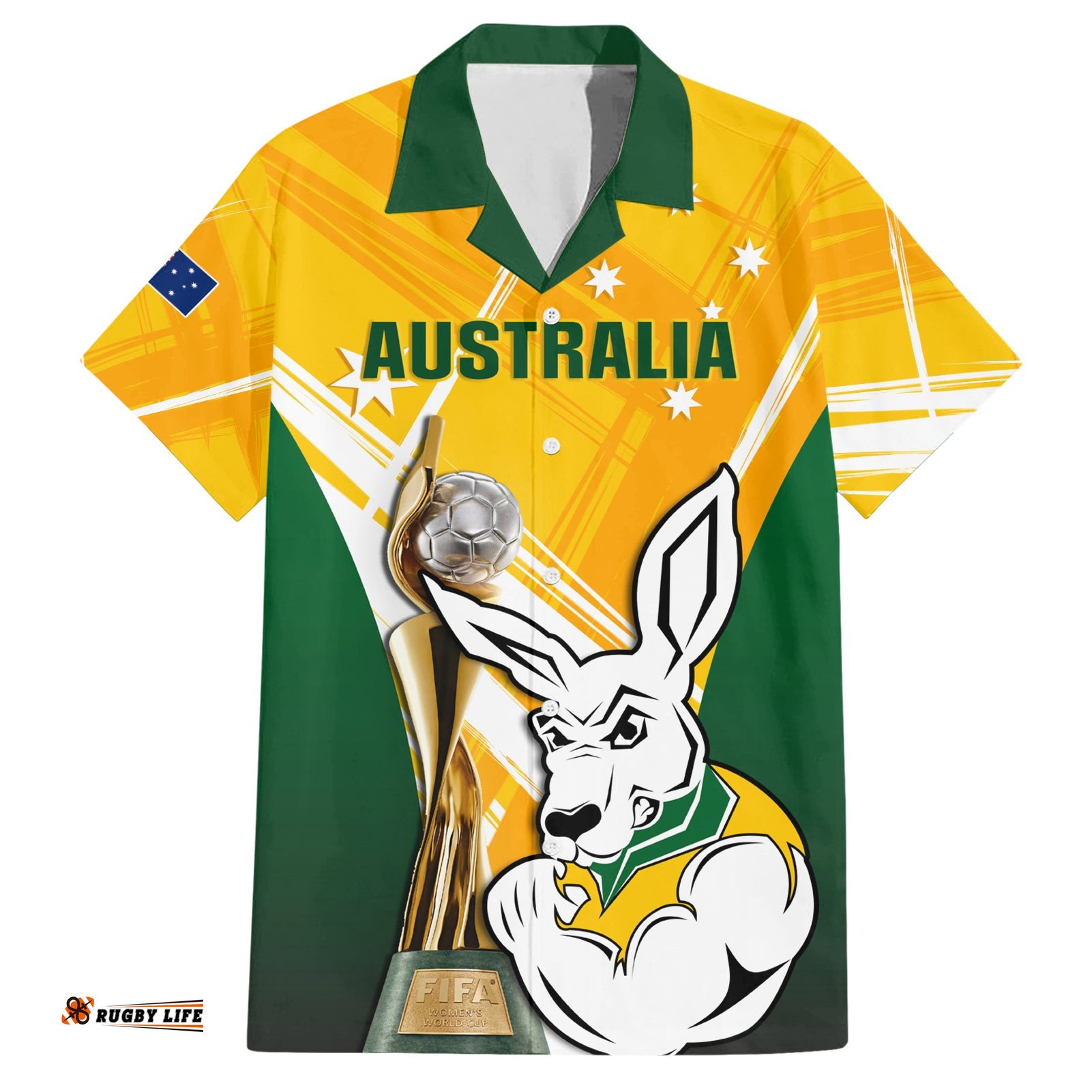 Custom Australia Soccer Hawaiian Shirt Matildas Kangaroo With World Cup Trophy Yellow Version