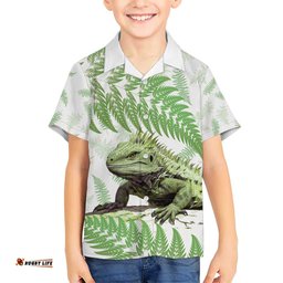 Green New Zealand Tuatara Hawaiian Shirt Aotearoa Sphenodon Punctatus Silver Fern