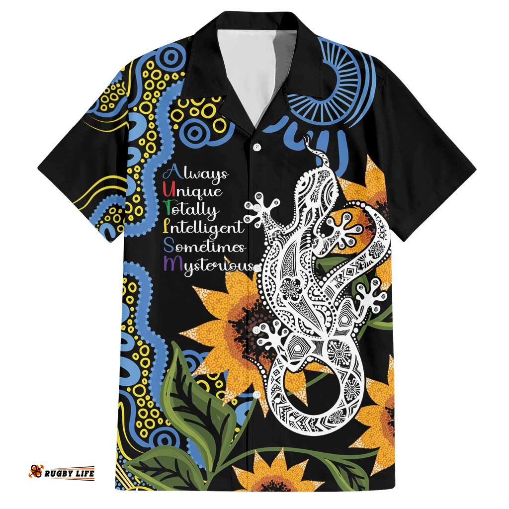 Australia Autism Awareness Hawaiian Shirt Brave Strong Aussie Lizard Aboriginal Art