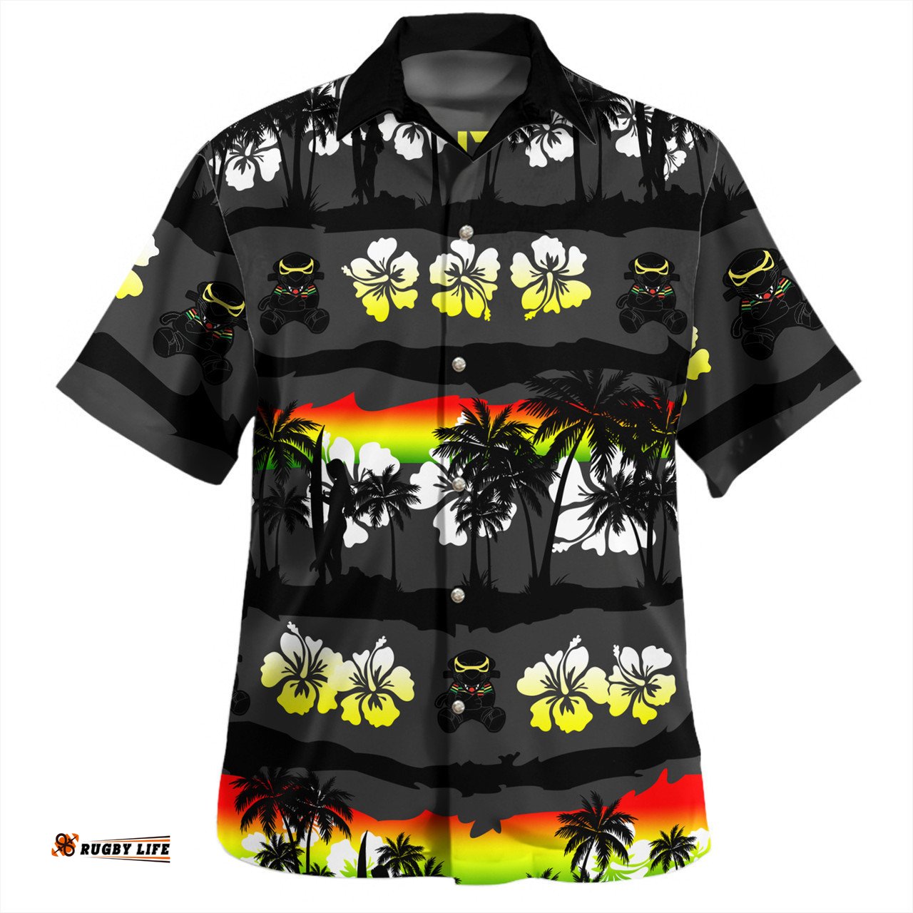 Penrith Panthers Hawaiian Shirt - Tropical Hibiscus and Coconut Trees