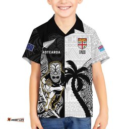 Custom Fiji And New Zealand Rugby Hawaiian Shirt Aotearoa Silver Fern Mix Fijian Tapa Pattern