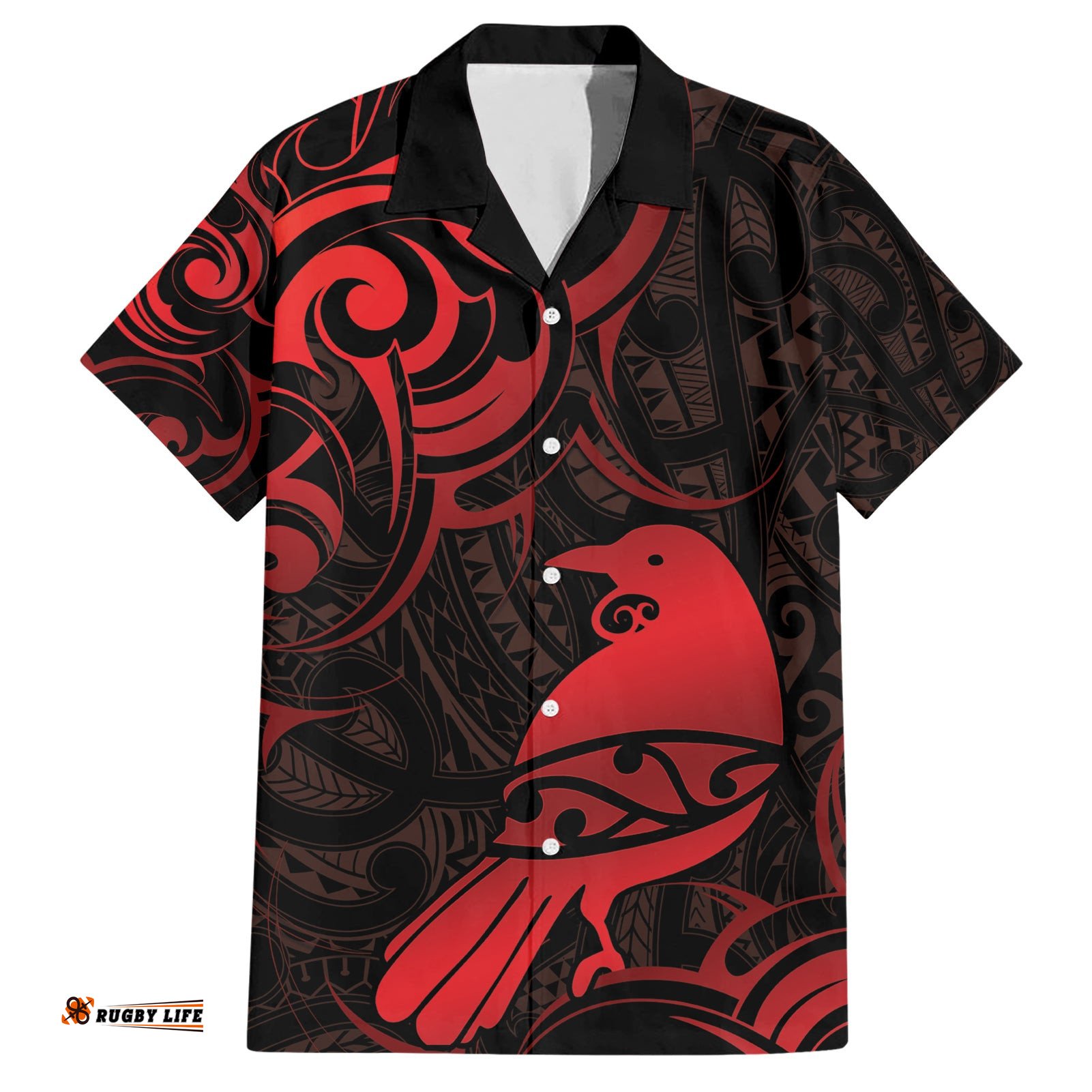New Zealand Tui Bird Hawaiian Shirt Aotearoa Maori Pattern Red
