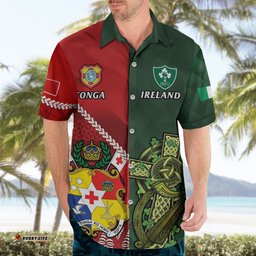 Custom Tonga And Ireland Rugby Hawaiian Shirt Ikale Tahi With Shamrocks