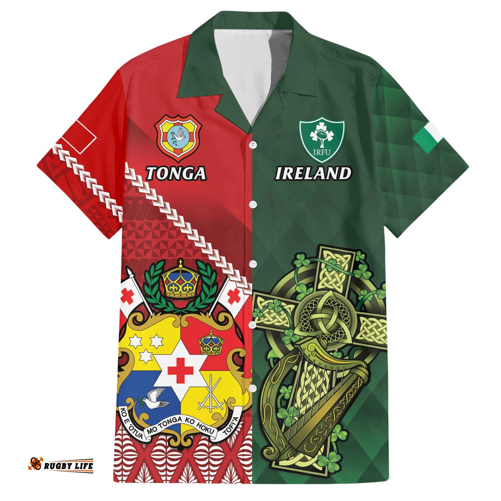 Custom Tonga And Ireland Rugby Hawaiian Shirt Ikale Tahi With Shamrocks