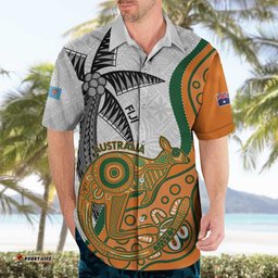 Custom Fiji And Australia Rugby Hawaiian Shirt Fijian Palm Tree Mix Aussie Kangaroo