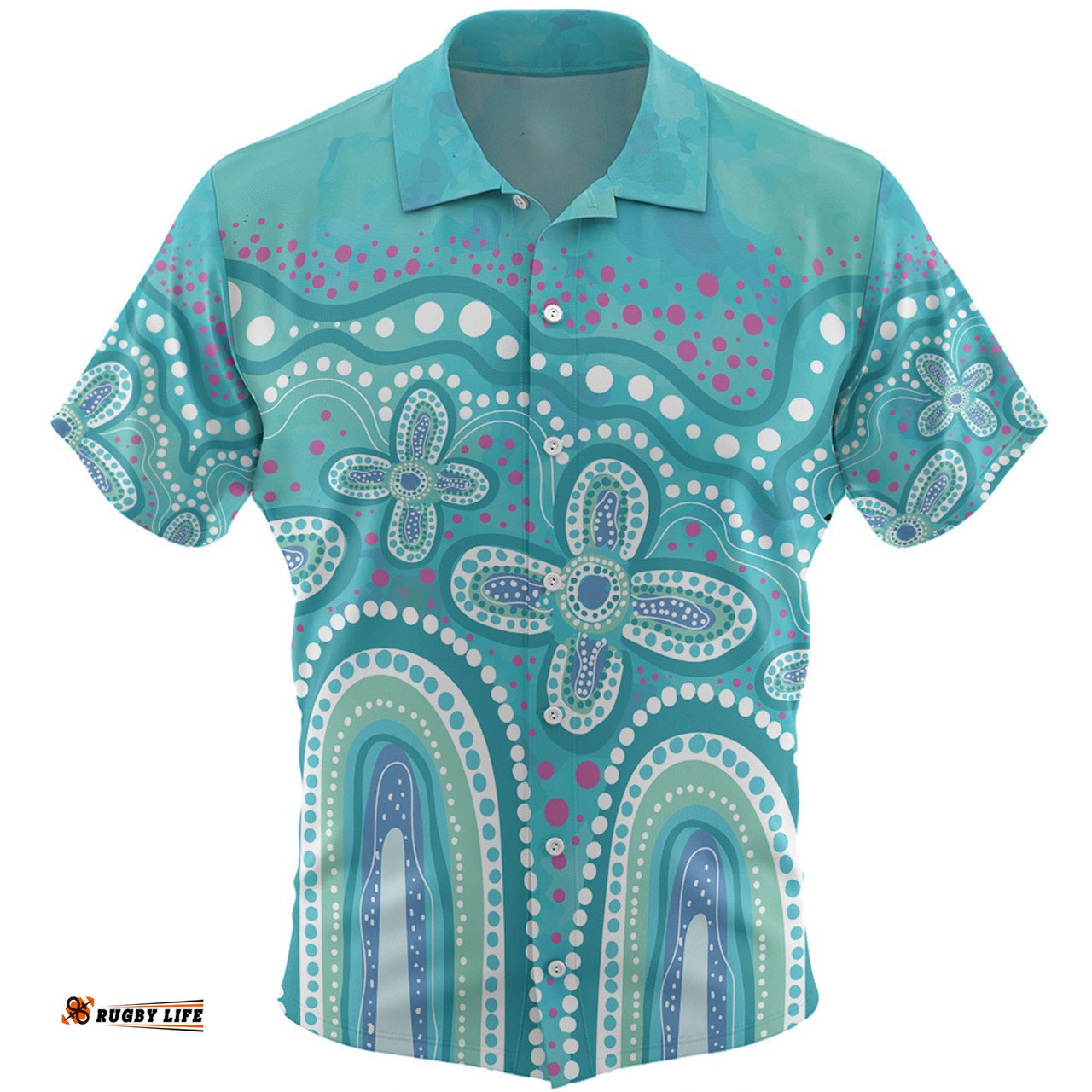 Australia Aboriginal Hawaiian Shirt - Dot painting illustration in Aboriginal style Turquoise Hawaiian Shirt