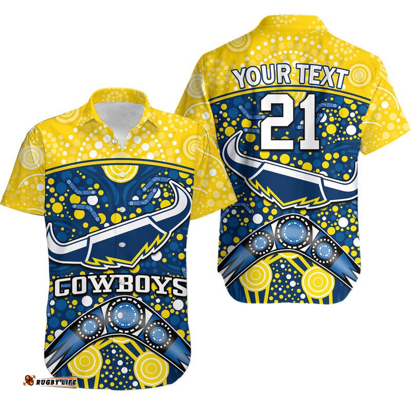 Custom Personalised Cowboys Rugby Hawaiian Shirt Boomerang Indigenous Dots