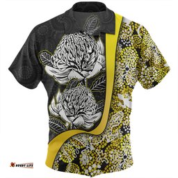 Australia Warratah Goanna Aboriginal Hawaiian Shirt - Waratah Flowers With Yellow Lizards, Stones, Sand Dot Art Painting Inspired Hawaiian Shirt