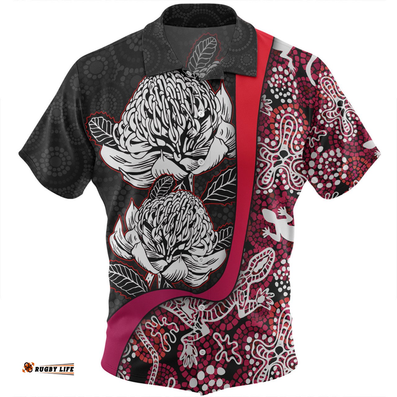 Australia Warratah Goanna Aboriginal Hawaiian Shirt - Waratah Flowers With Red Lizards, Stones, Sand Dot Art Painting Inspired Hawaiian Shirt