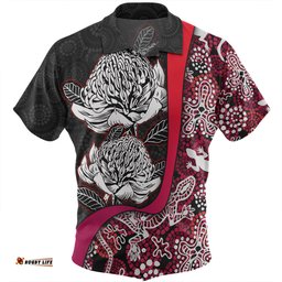 Australia Warratah Goanna Aboriginal Hawaiian Shirt - Waratah Flowers With Red Lizards, Stones, Sand Dot Art Painting Inspired Hawaiian Shirt
