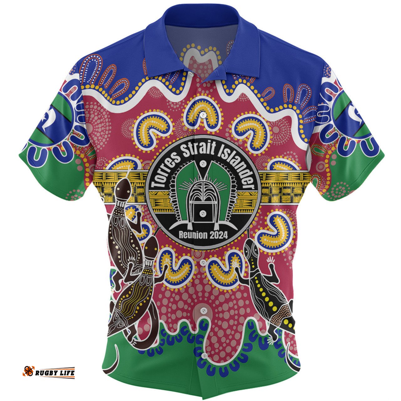 Australia Torres Strait Islands Custom Hawaiian Shirt - Torres Strait Islanders Dhari With Goannas And Dot Art Reunion Hawaiian Shirt
