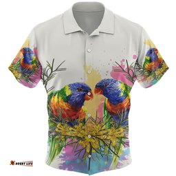 Australia Rainbow Lorikeets Hawaiian Shirt - Rainbow Lorikeets With Grevillea Flowers Hawaiian Shirt