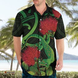 New Zealand Gecko Hawaiian Shirt Aotearoa Maori With Pohutukawa Flowers