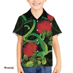 New Zealand Gecko Hawaiian Shirt Aotearoa Maori With Pohutukawa Flowers