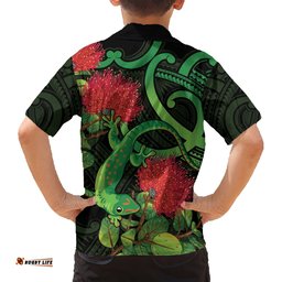 New Zealand Gecko Hawaiian Shirt Aotearoa Maori With Pohutukawa Flowers