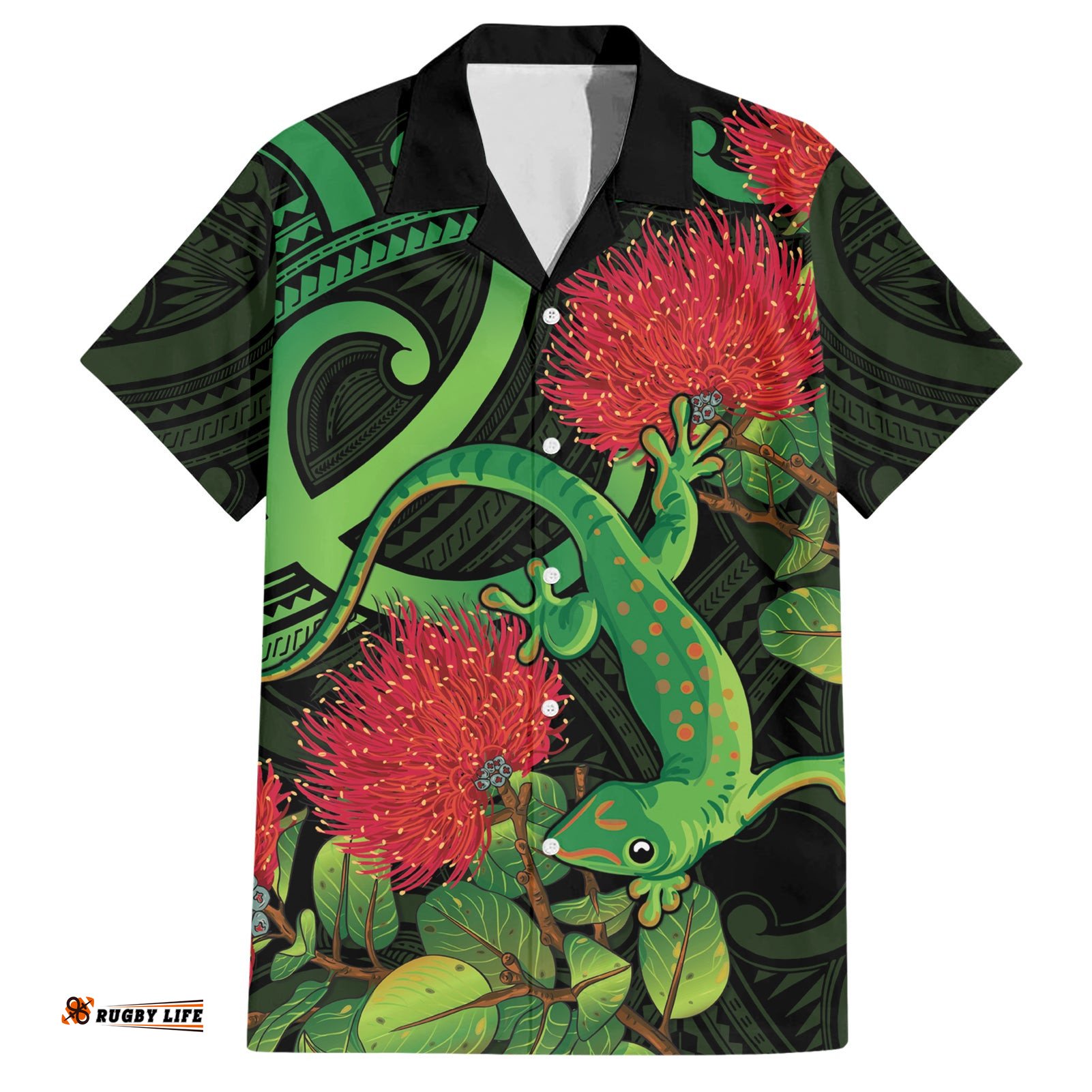 New Zealand Gecko Hawaiian Shirt Aotearoa Maori With Pohutukawa Flowers