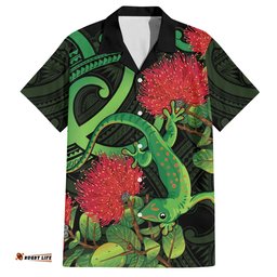 New Zealand Gecko Hawaiian Shirt Aotearoa Maori With Pohutukawa Flowers